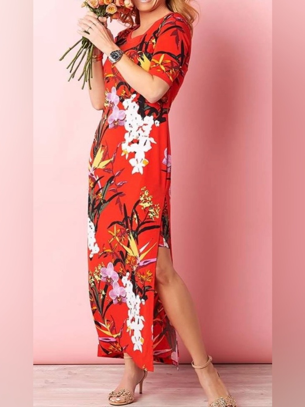 G.I.L.I. Red tropical floral Maxi Dress with Side Slits